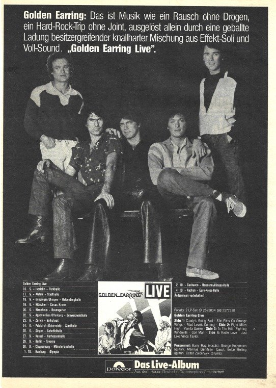 Golden Earring Live 2LP ad with tour dates German Sounds magazine 09-1977